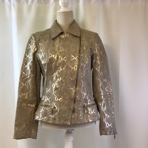 Bradley Bayou Tan Leather Jacket with Sparkly Snakeskin Print Size Medium